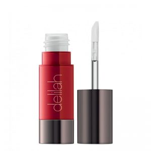 colour intense liquid lipstick showing Flame bright red with the applicator to the side of the product tube. tube is partially clear showing the product in the pot