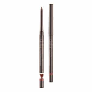 Delilah cosmetics showing retractable lip liner with lid on and off and also showing sharpener