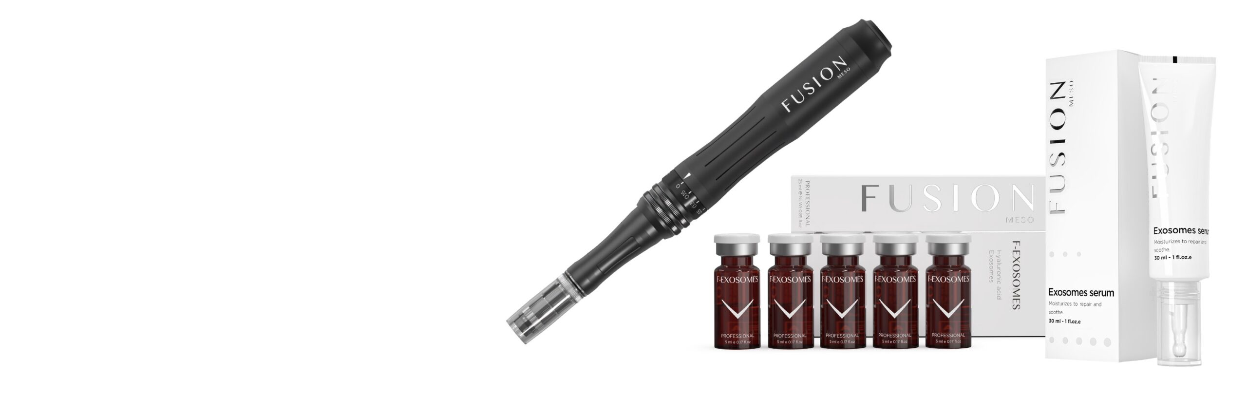 Fusion Meso nano-needling pen with F-Exosomes vials and Exosomes serum for advanced skin rejuvenation and hydration.